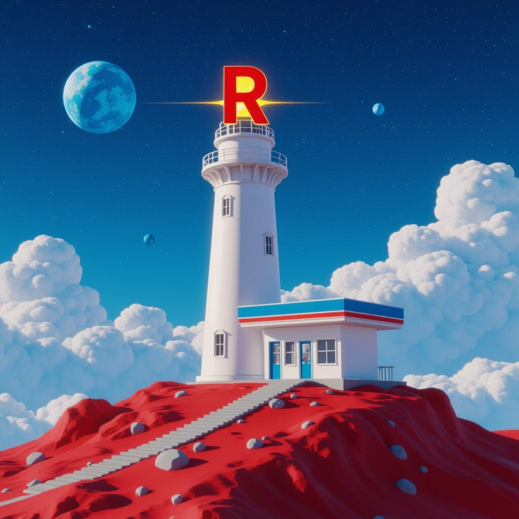 A white lighthouse and a blue gas station on an red asteroid...