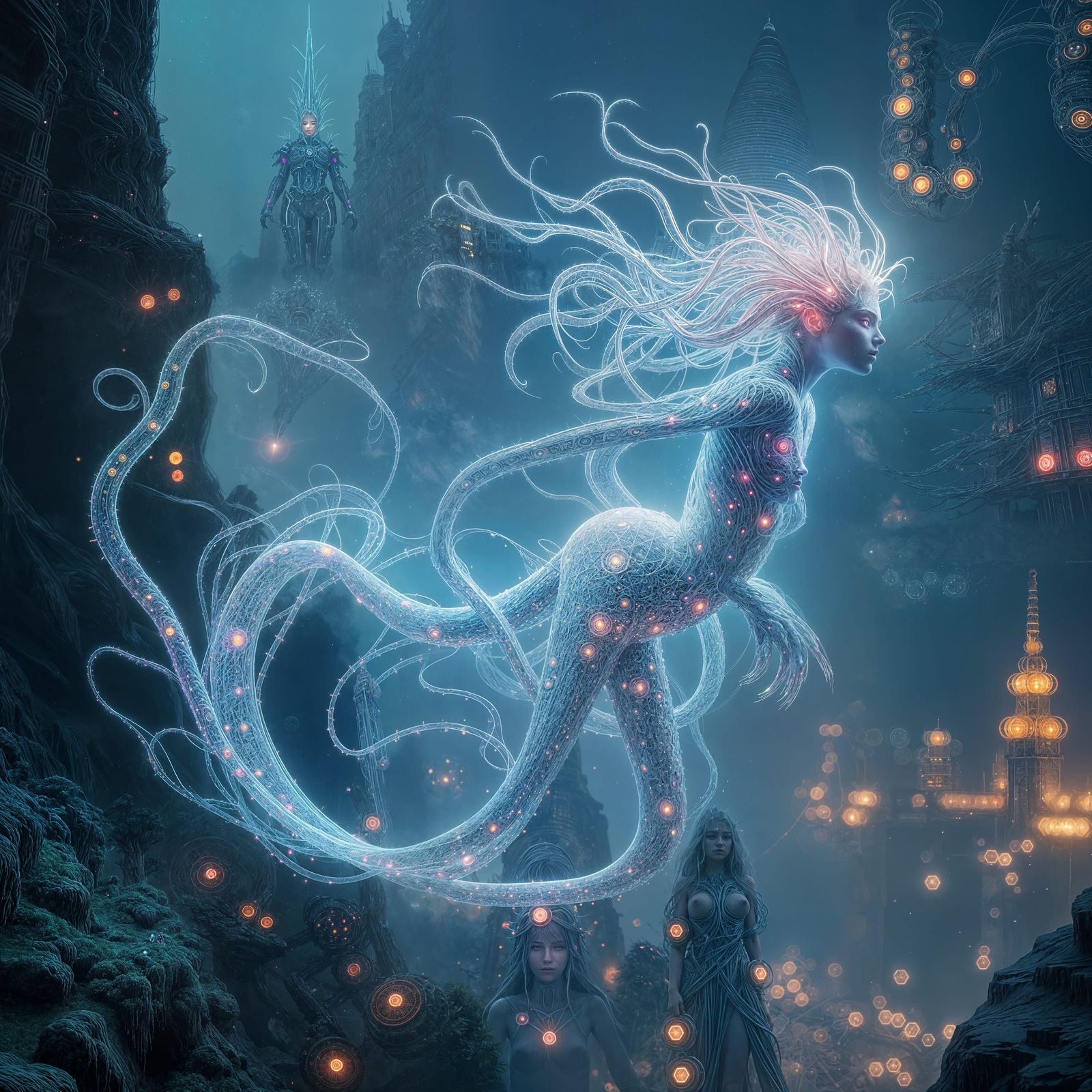 Ethereal Cyberpunk Entity Embodies Enlightenment in a Futuri...