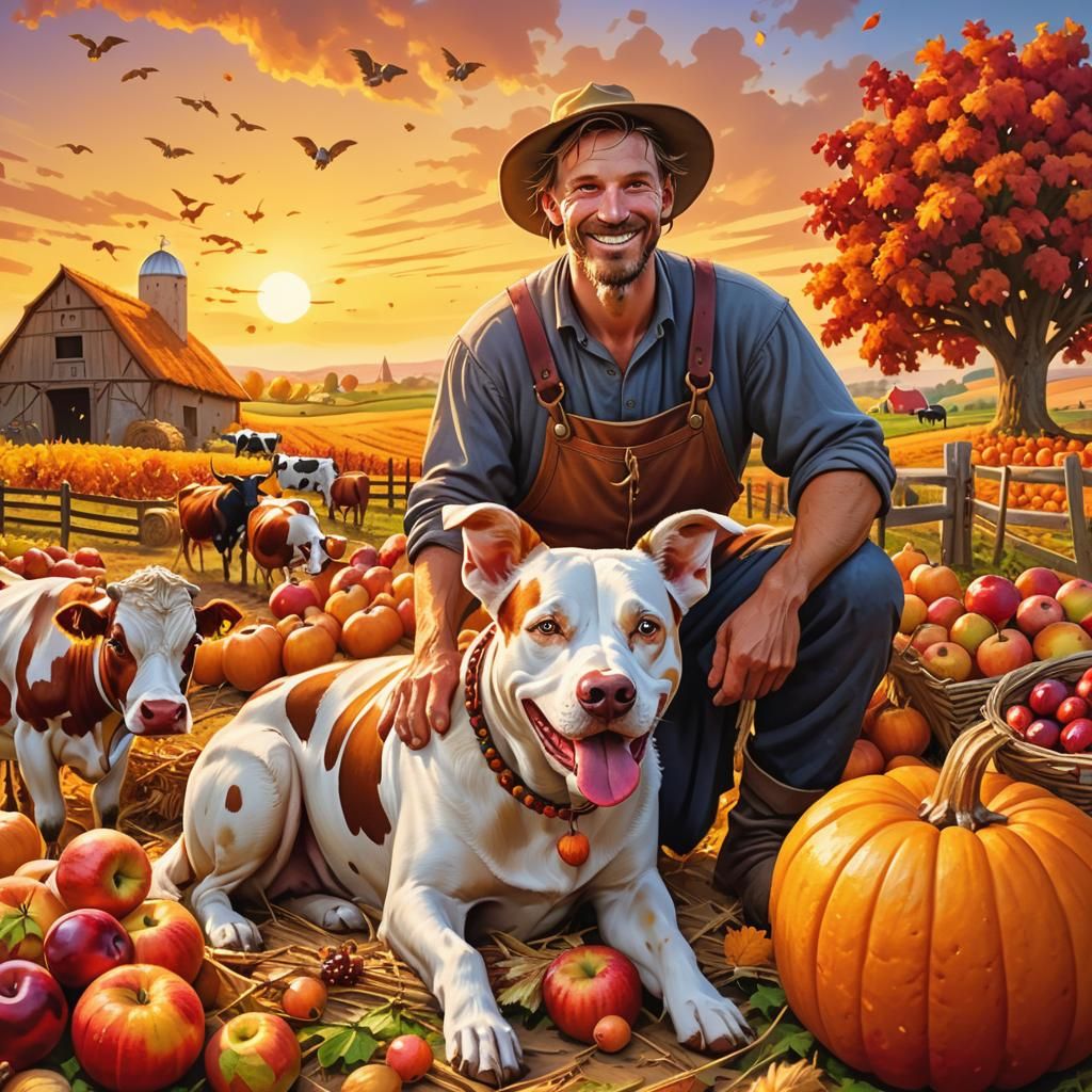 Vibrant Harvest Scene with Joyful Farmer and Abundant Produc...