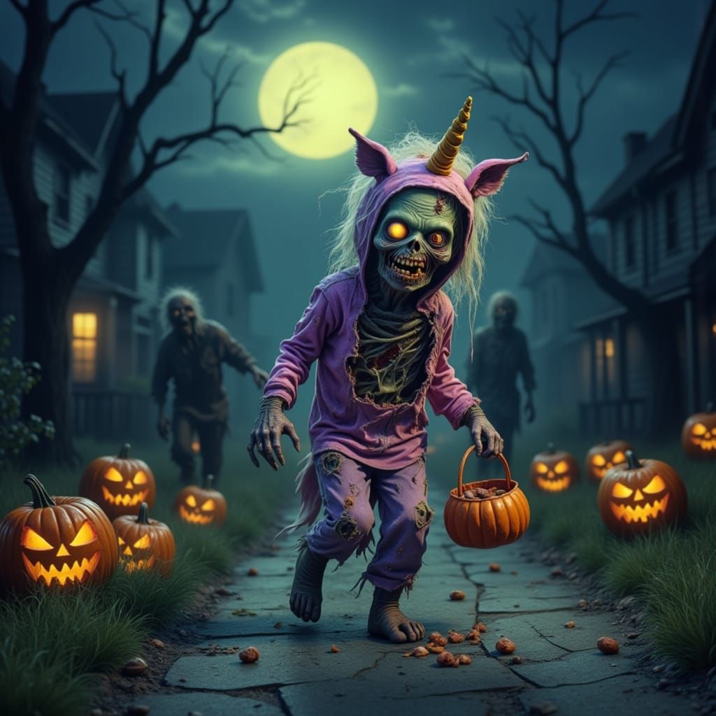 A whimsical yet creepy Halloween night scene under a glowing...