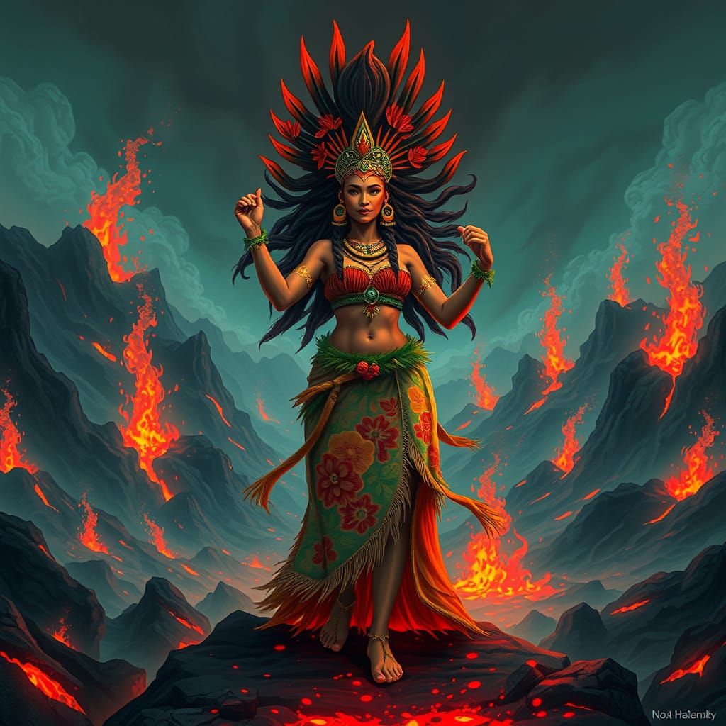 Goddess Pele in Volcanic Landscape, Mystical Art