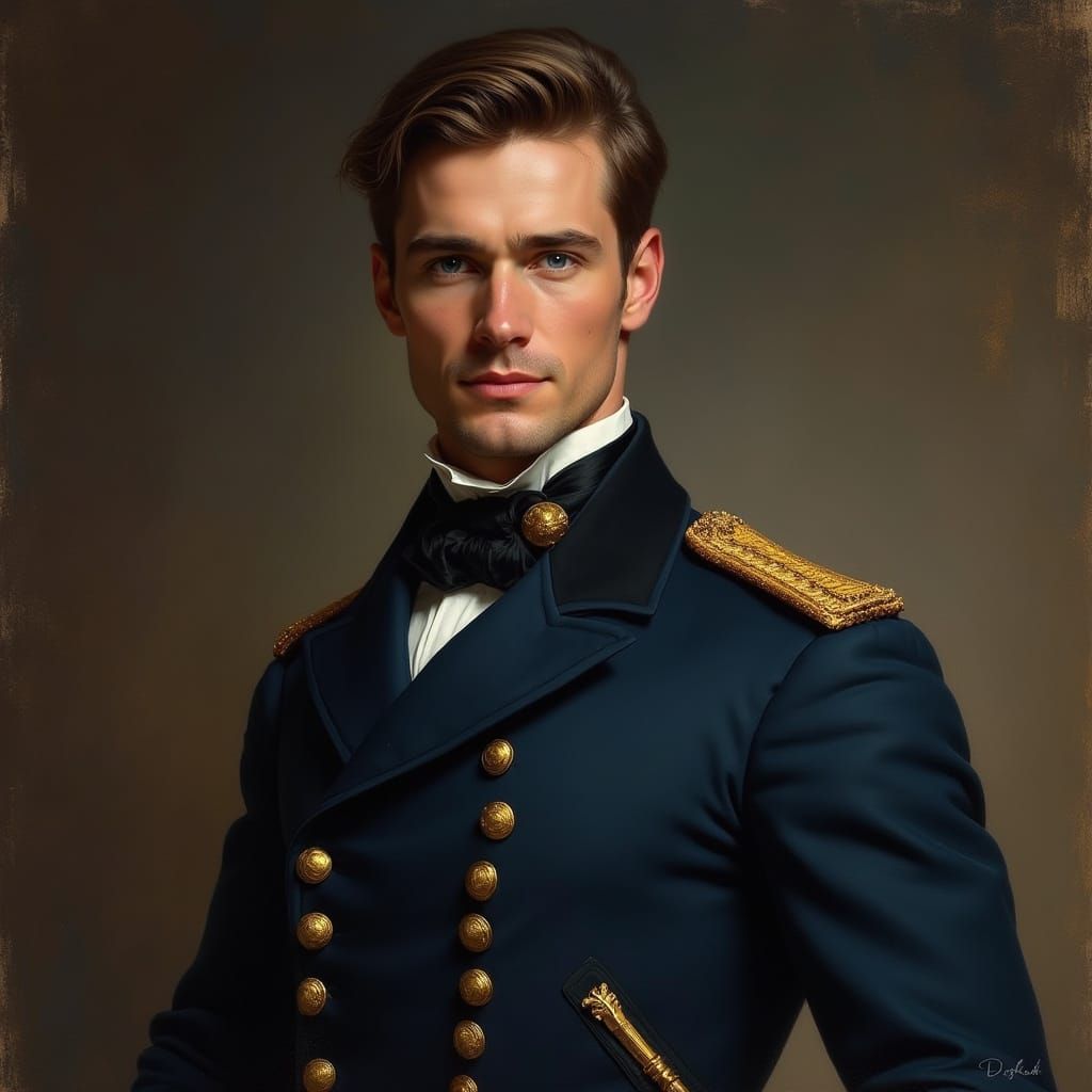 Dashing Naval Officer in Romanticized Heroic Style