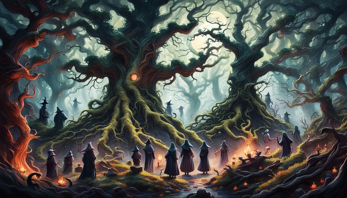 Eerie Forest Gathering of Witches and Ghosts
