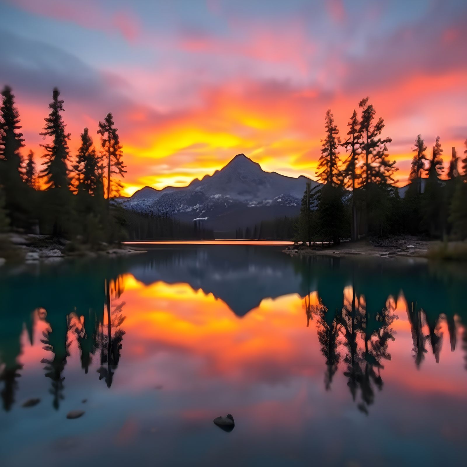 Vibrant Sunset Over Mountain Lake Reflection