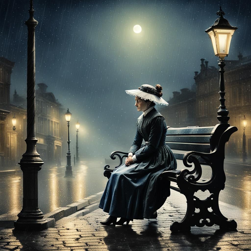 Victorian Woman Weeping in Moonlight: Canaletto Watercolor