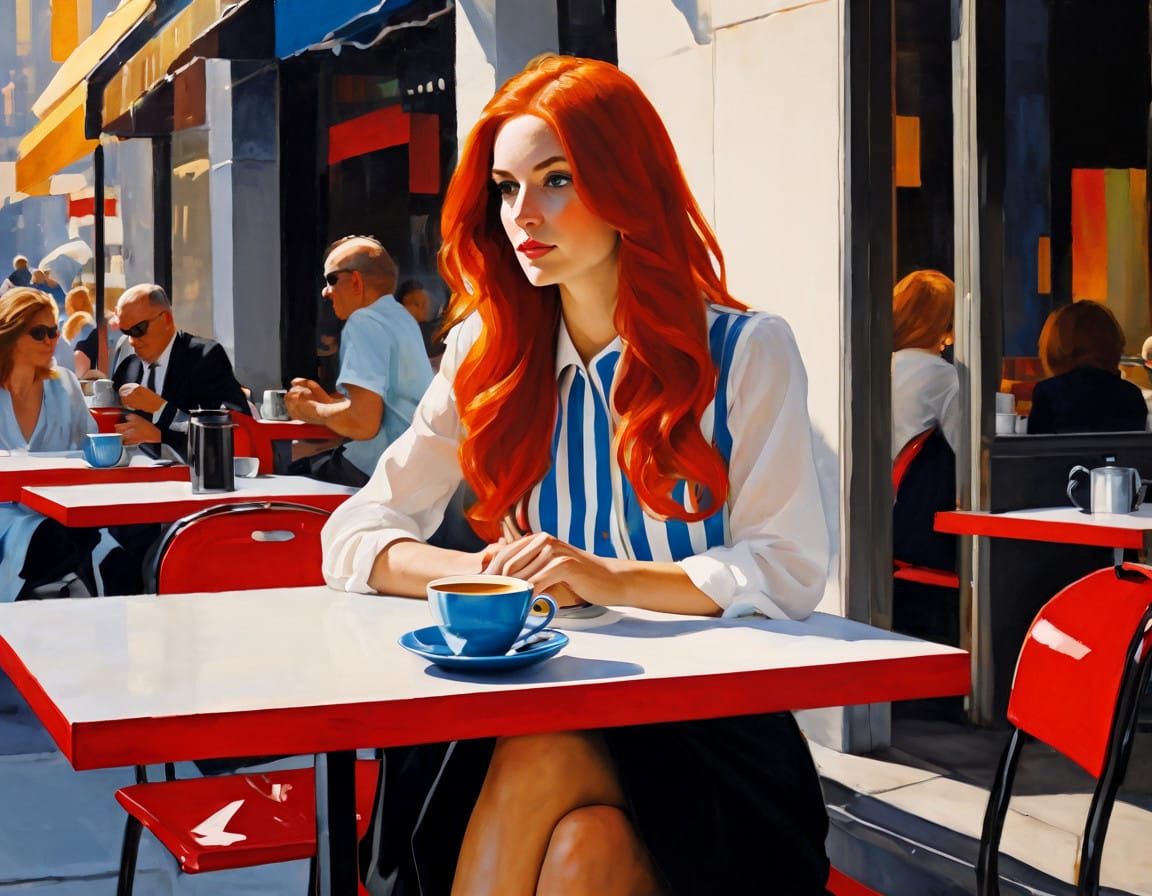 Elegant Woman Sips Coffee in Urban Café