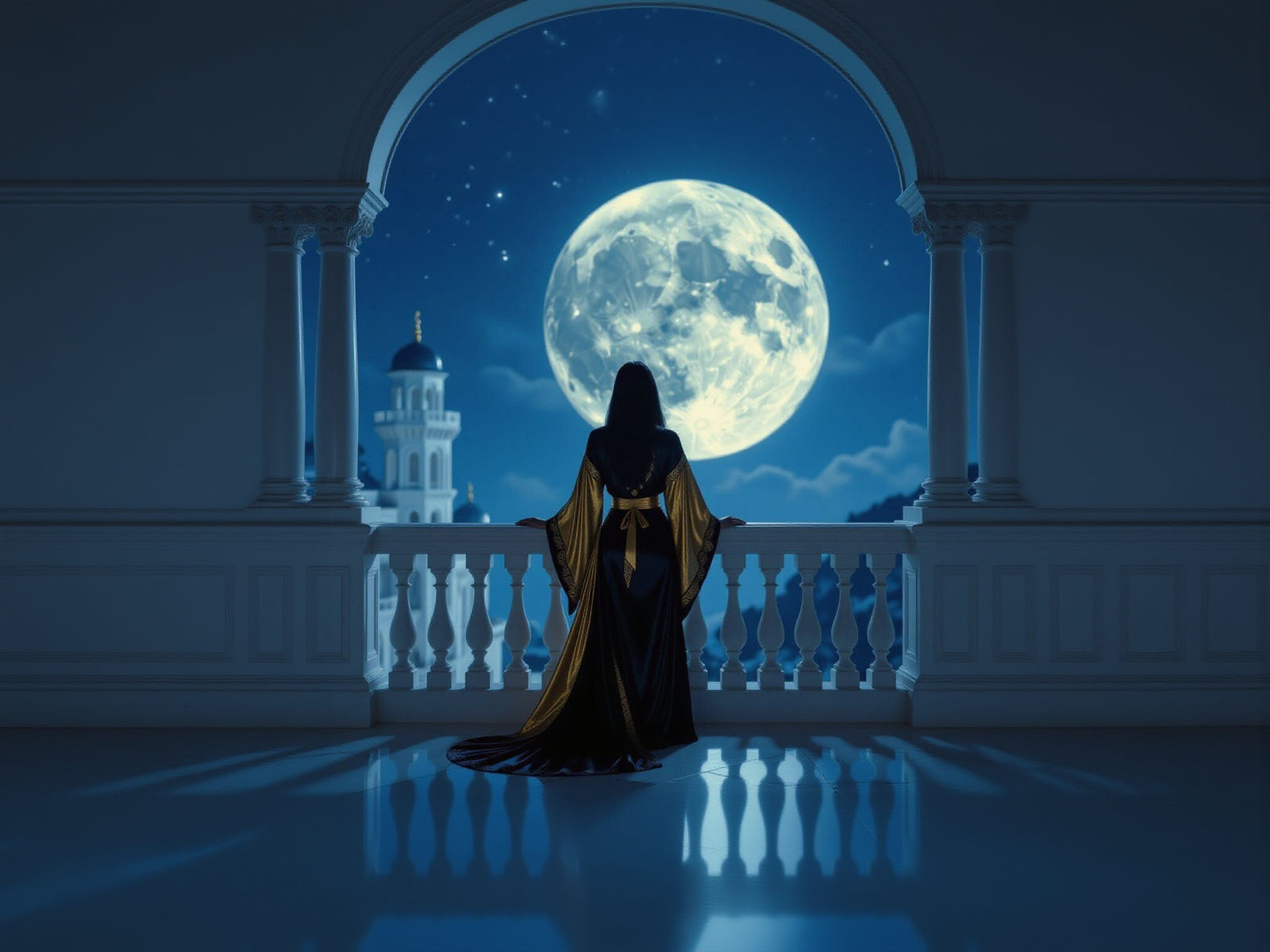 White Castle Under Moon with Lady in Gold Robe