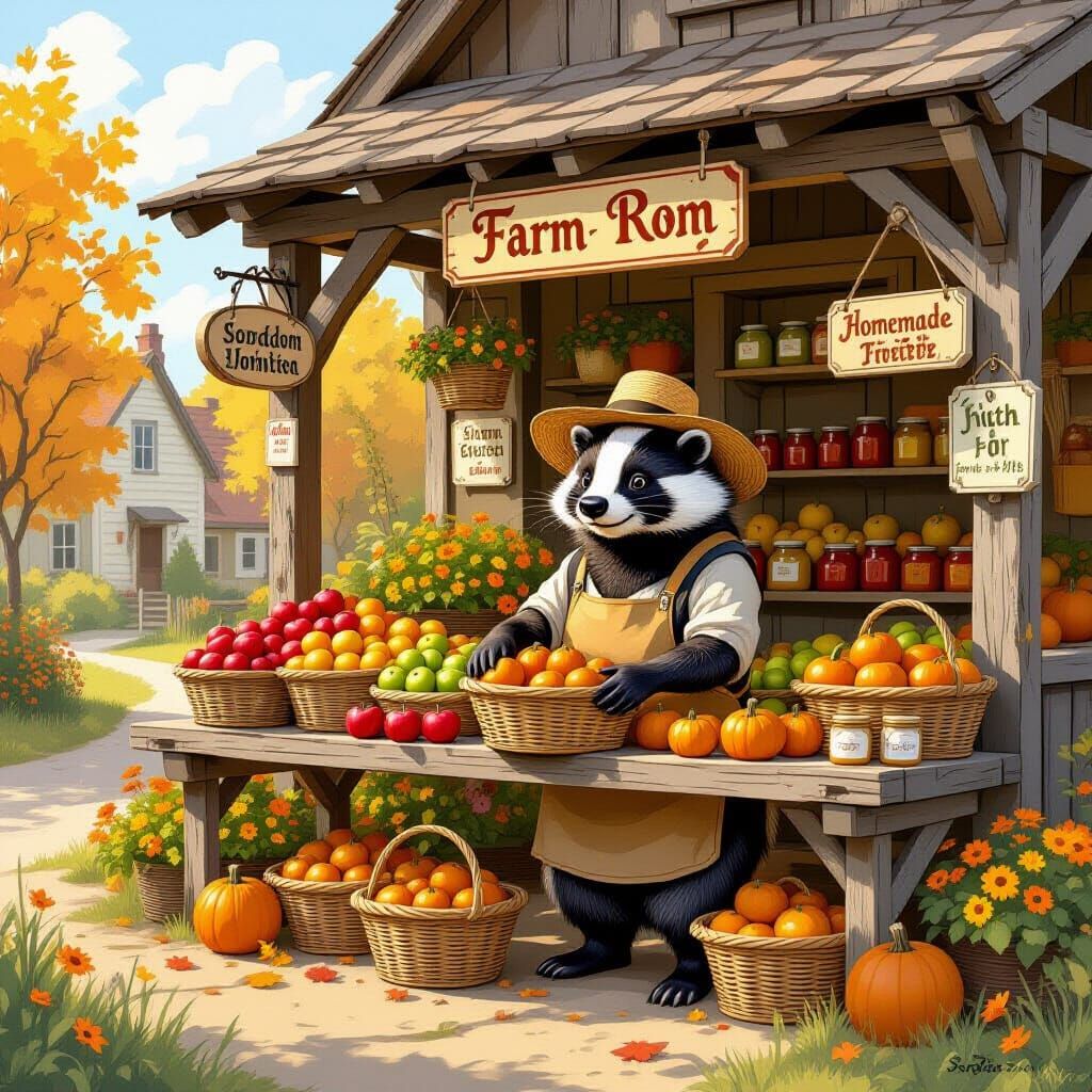 Anthropomorphic Badger at Farmstand in Digital Painting Styl...