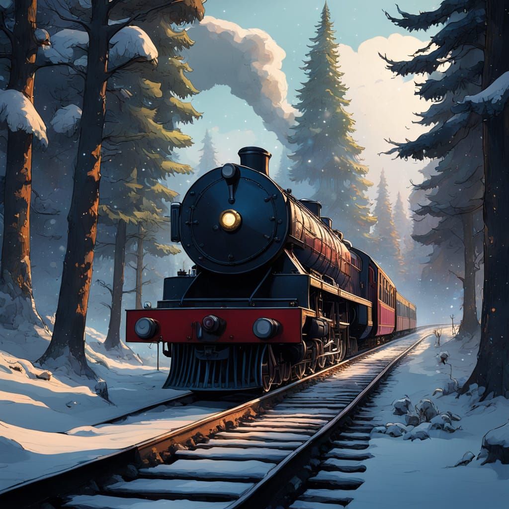 Magical Train Ride Over Winter Bridge with Colorful Puppies