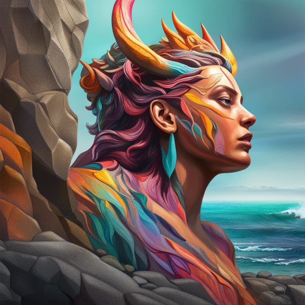 Colorful Cliffside Giant Woman in Hyperrealistic Splash Art