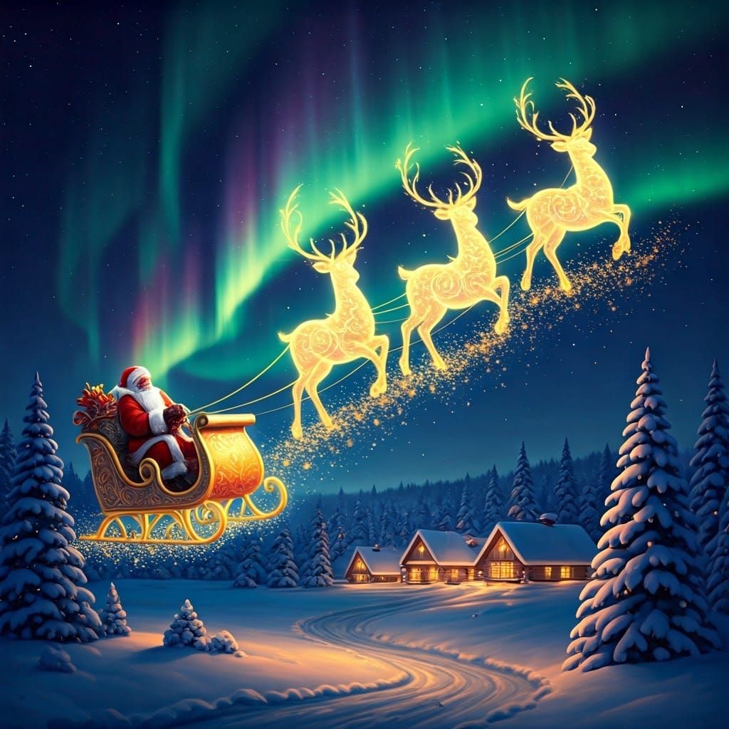 Santa Claus Rides a Majestic Sleigh Through a Magical Christ...