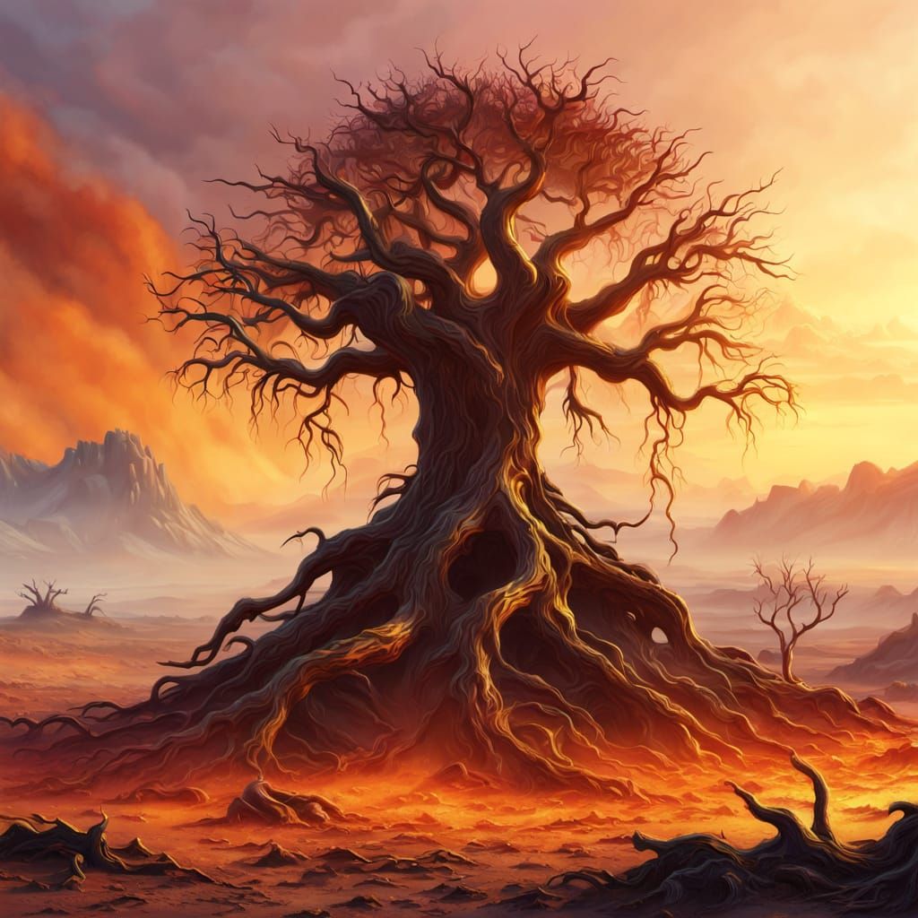 A lone elemental tree standing resilient in a desolate waste...