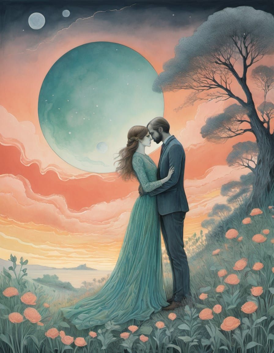 Romantic Silhouette Scene in Soft Chalk Pastels