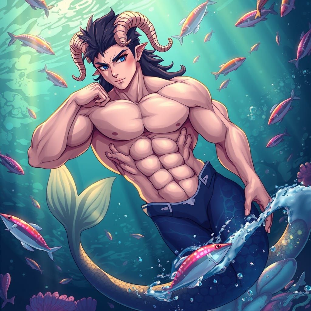 Lamsterverse anime male undersea merman lamb features