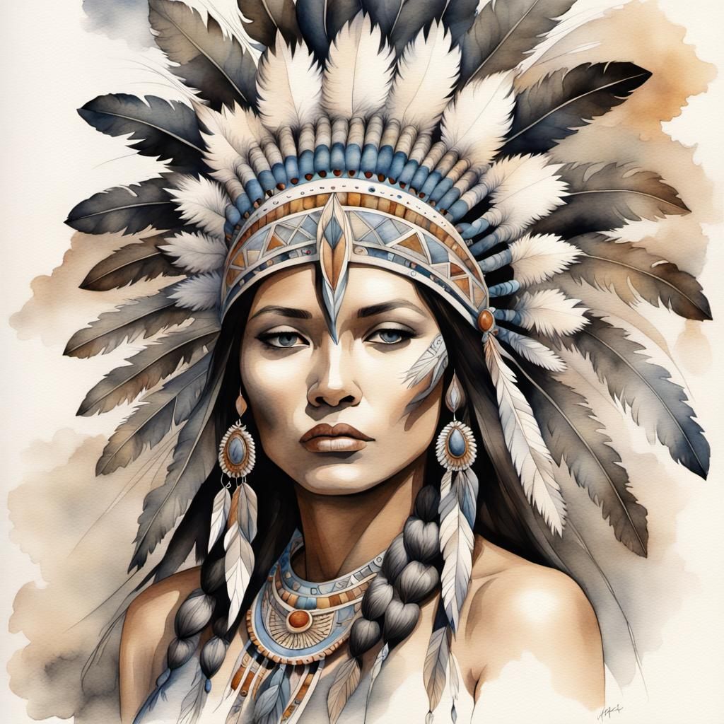 Fractal Elegance: Native American Headdress in Watercolor