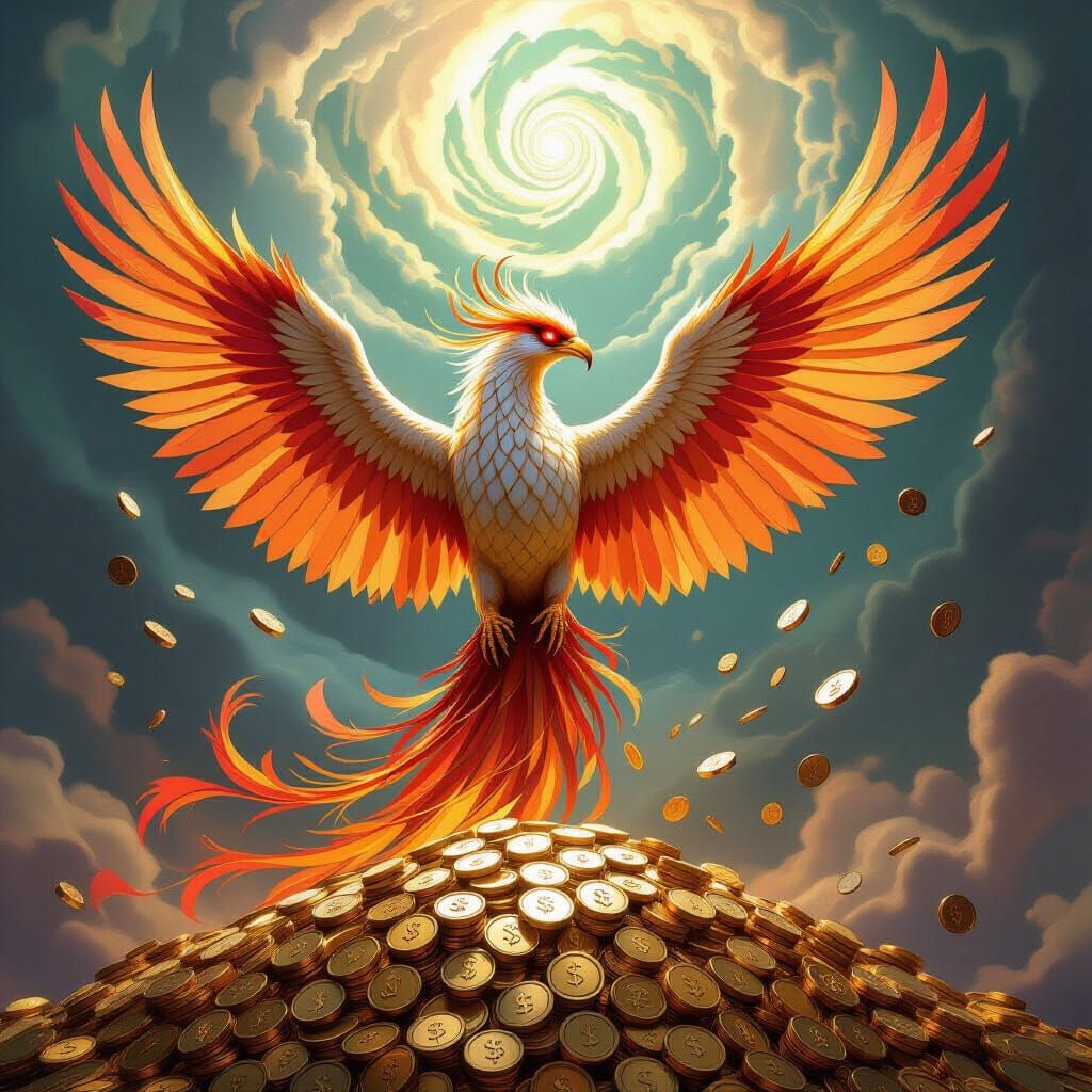 Phoenix Rises from Gold, Feathers of Banknotes, Ruby Eyes