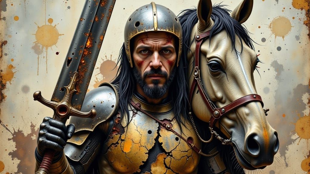 Rugged Knight in Rust Armor with Shire Horse in a Desolate L...