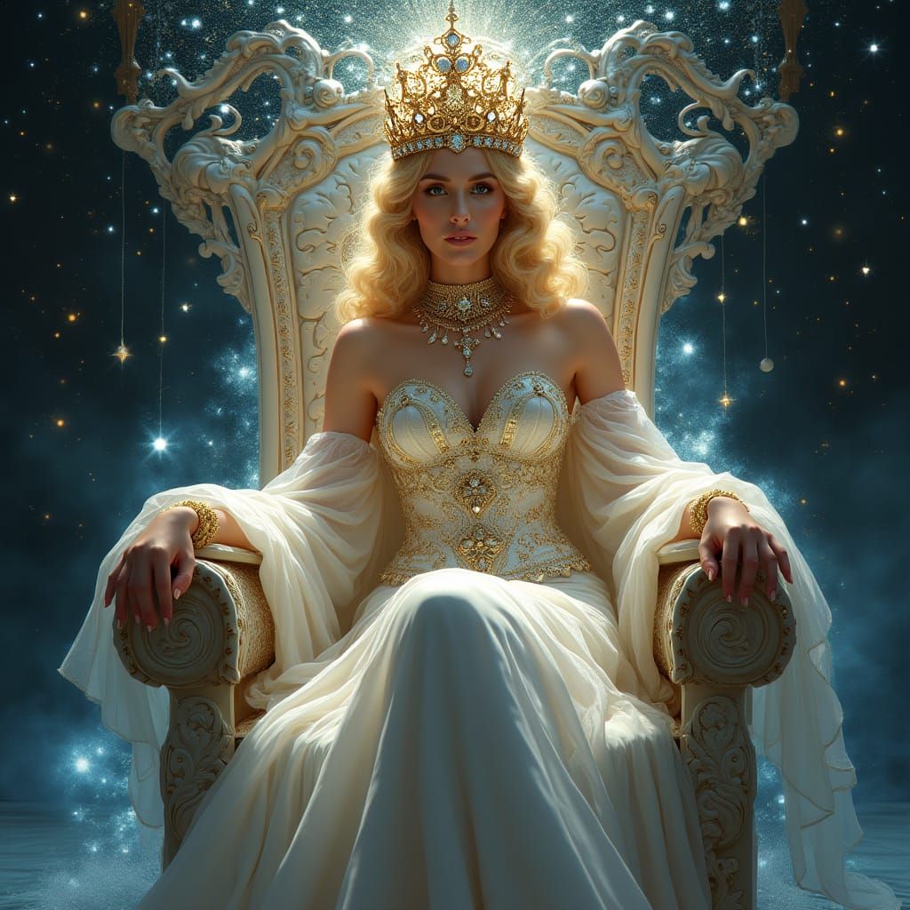 Regal Queen on Starlight Throne in Art Nouveau Style