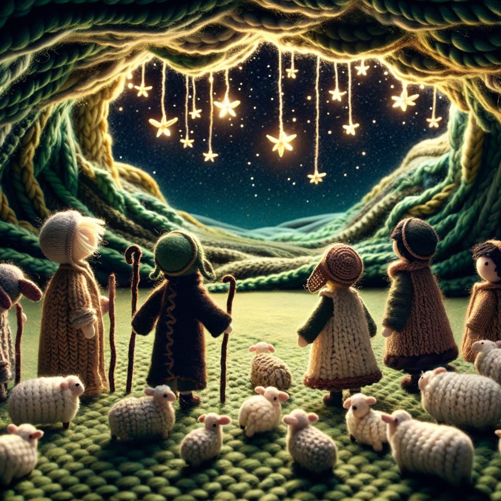 Cozy Stop-Motion Film Scene: Knit Shepherds and Angels