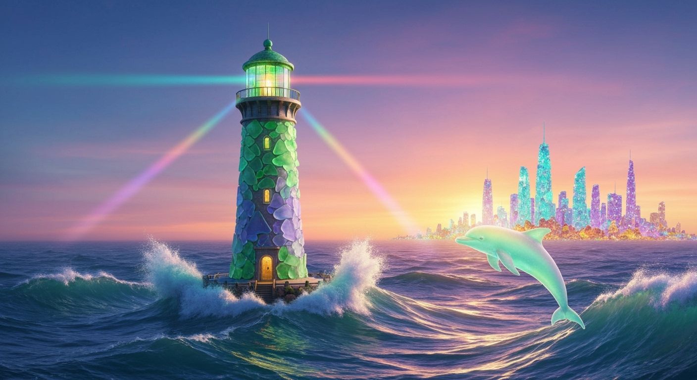 Surreal Emerald Sea Glass Lighthouse at Sunset