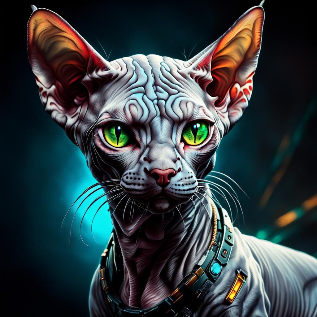 Cyberpunk Sphynx Cat Portrait with Neon Eyes