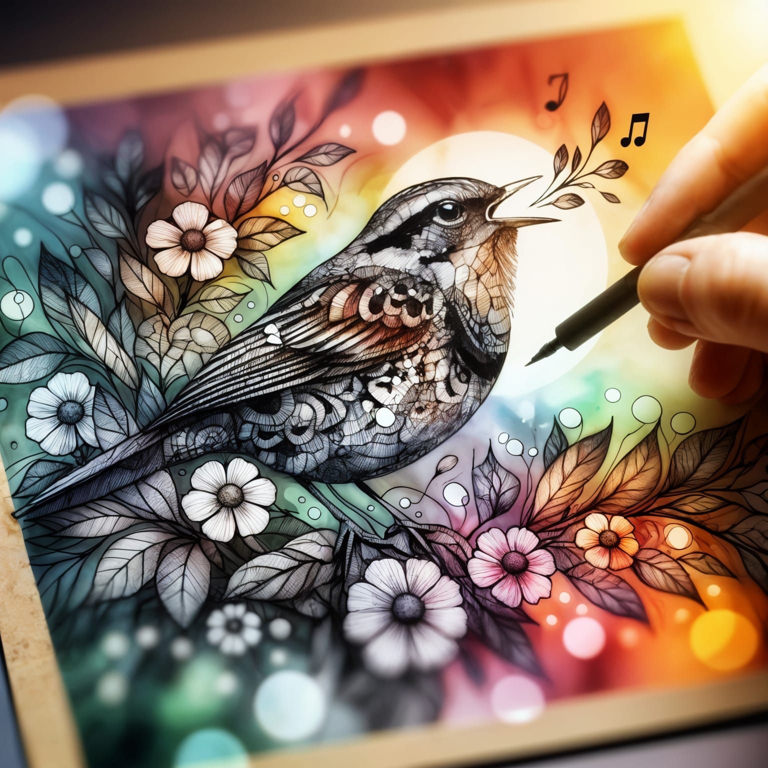 Vibrant Songbird in Triadic Colors as Trompe-l'œil Ink Art