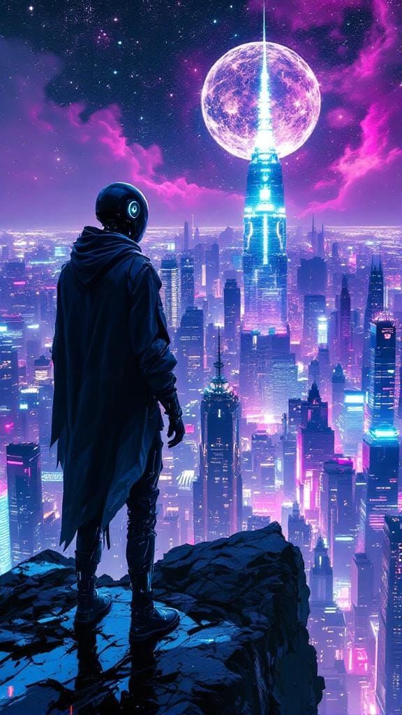 Android Gazing at Neon City in Cyberpunk Style