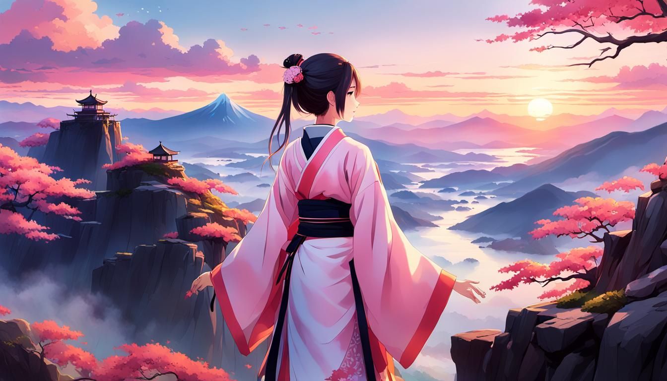 Anime Woman at Sunset in Japanese Clothing