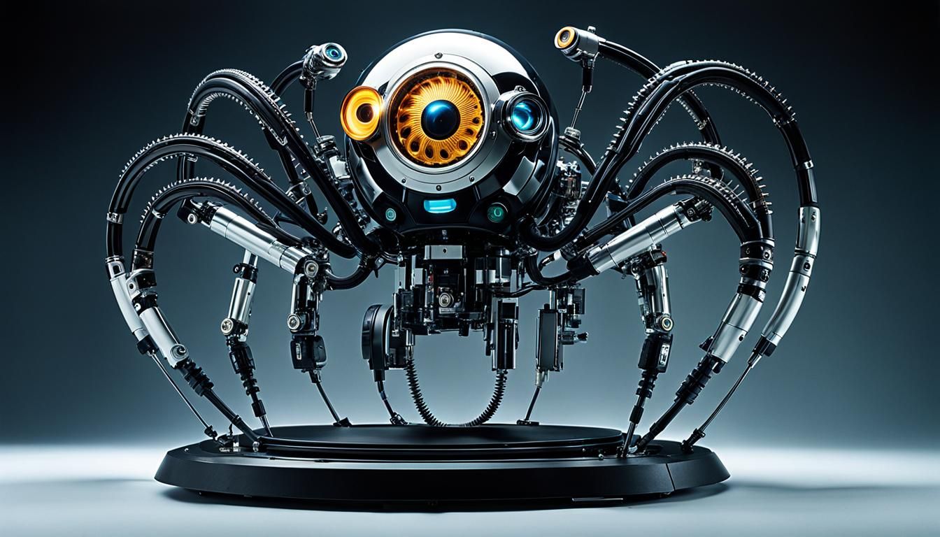 Hideous machine-like creatures, legless, moving on a round base, a lens on a flexible shaft acts as an eye, arms with me...