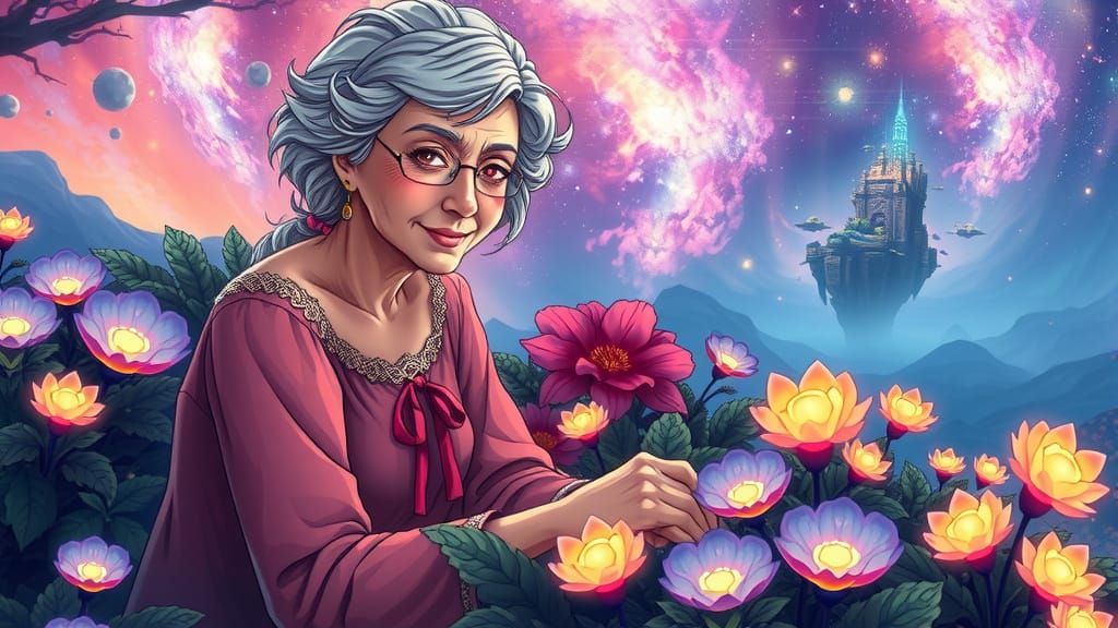 Anime-Style Elderly Woman in Cosmic Garden