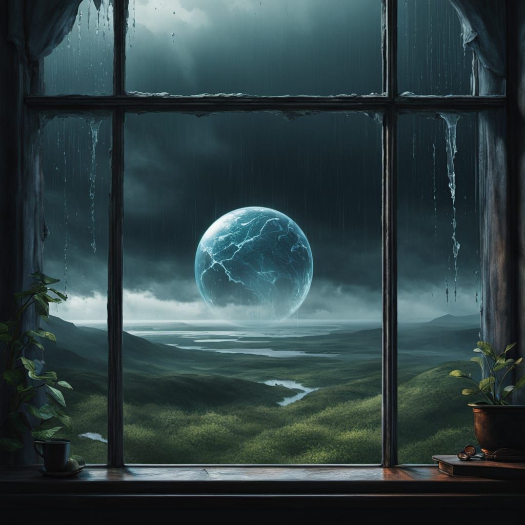 Mystical Raindrop Realms in a Tempestuous Window