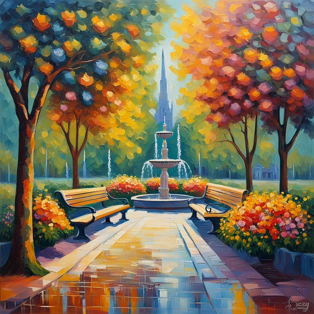 Park Scene in Expressionist Impasto Oil Painting