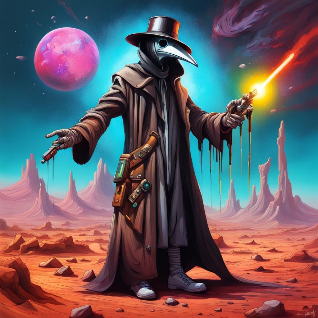 Plague Doctor on Mars as Graffiti Street Art