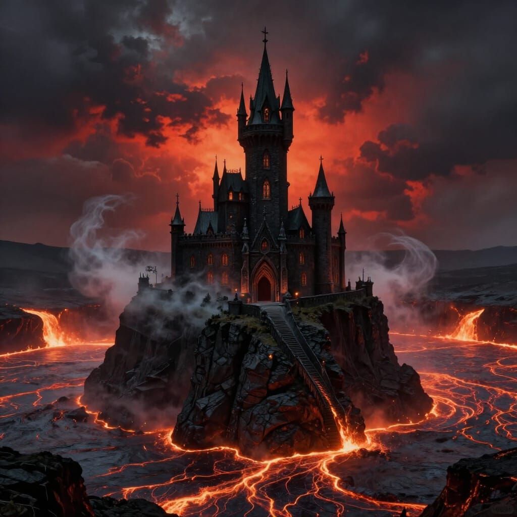 Gothic Fairytale Castle Above Lava Lake