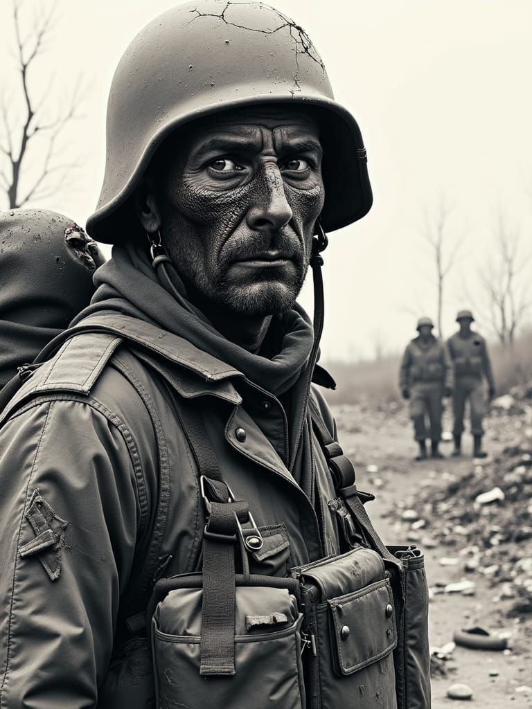 Wounded Soldier in Dystopian Wasteland: Pen and Ink Art