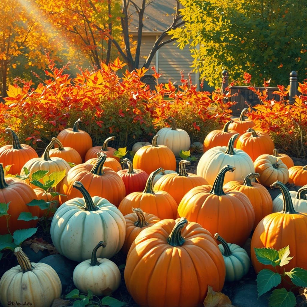 Autumn Garden with Pumpkins in Golden Hour Light