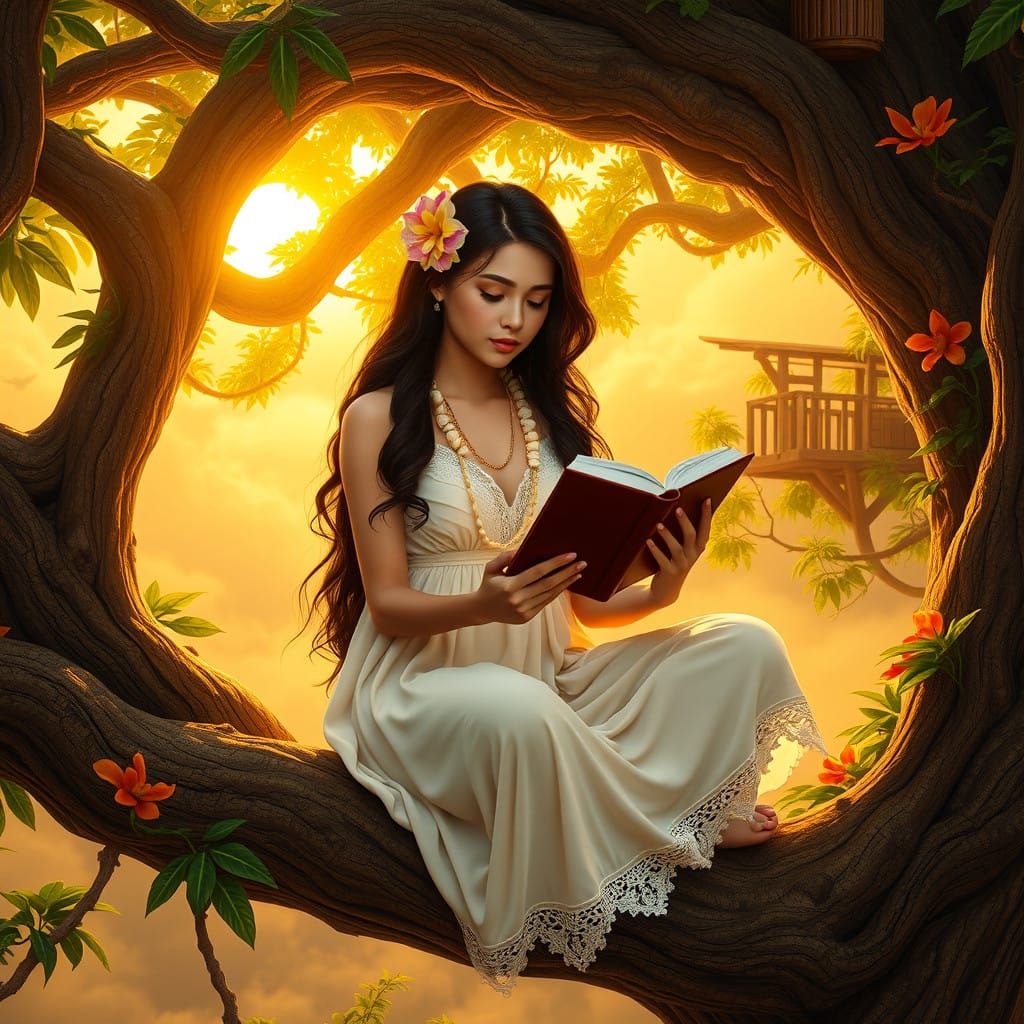 Serene Tropical Goddess Reads Amidst Whimsical Treehouse