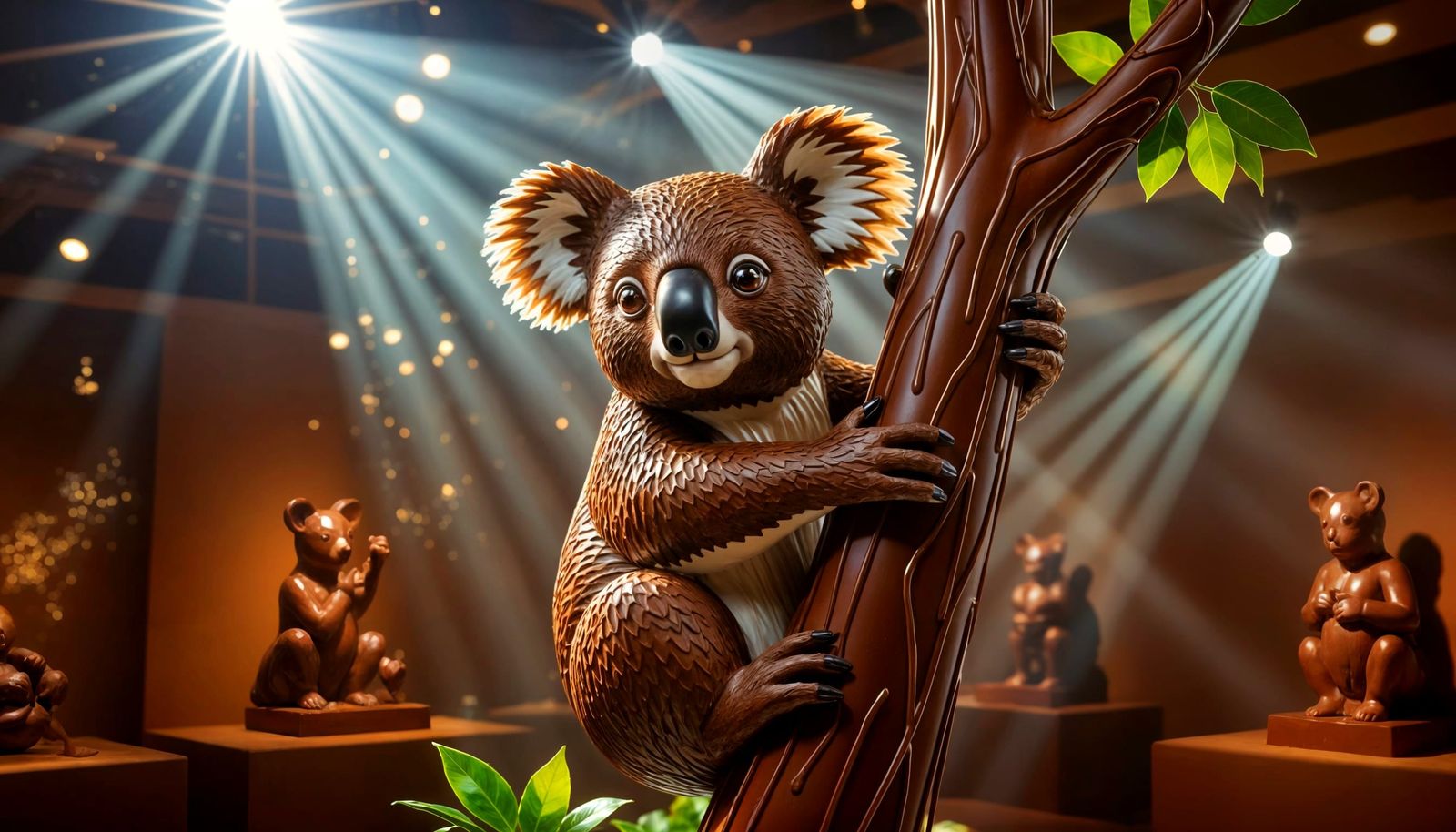 Hyperrealistic Chocolate Koala Sculpture in Museum