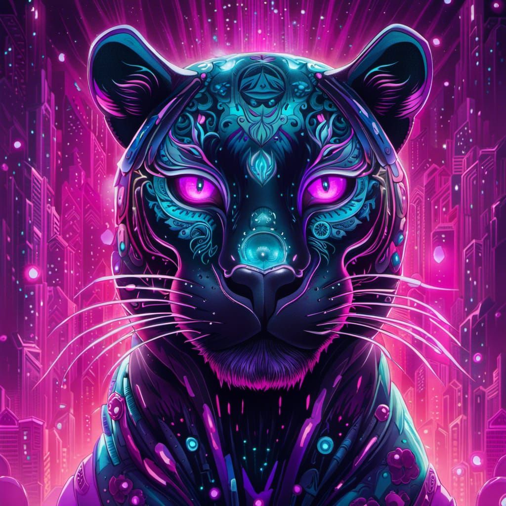 Glowing Cyberpunk Panther with Teal Eyes