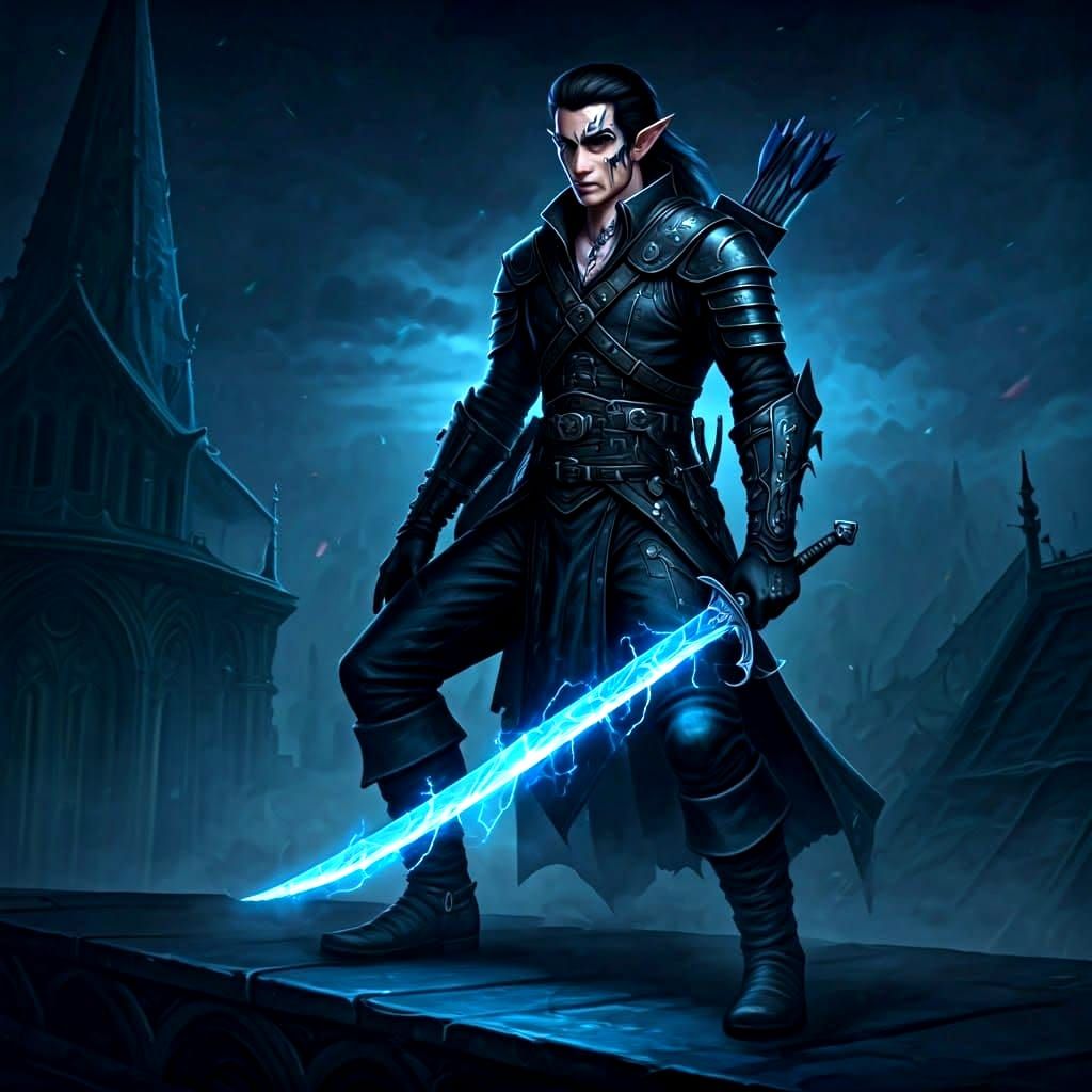 Half-Elf Rogue on Rooftop, Fantasy Concept Art