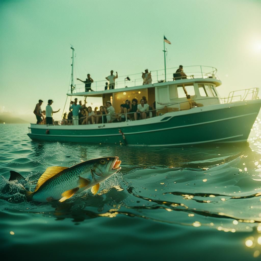 Cinematic Film Still of Fish Near Boat Party