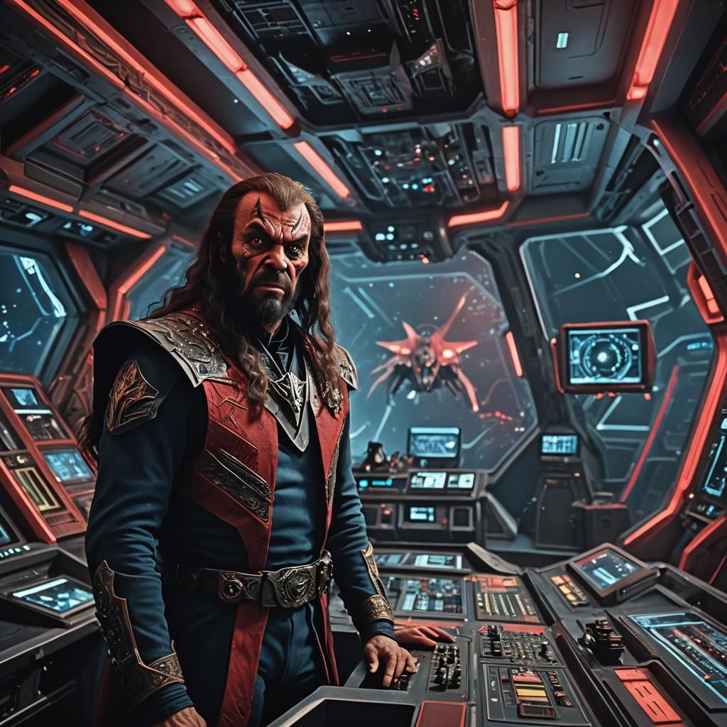 Klingon Captain on Bridge of Spaceship in Film Still
