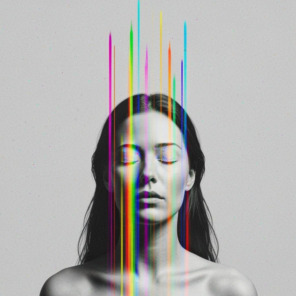 Surreal Glitch Art: Rainbow Streaks Obscure Woman's Face