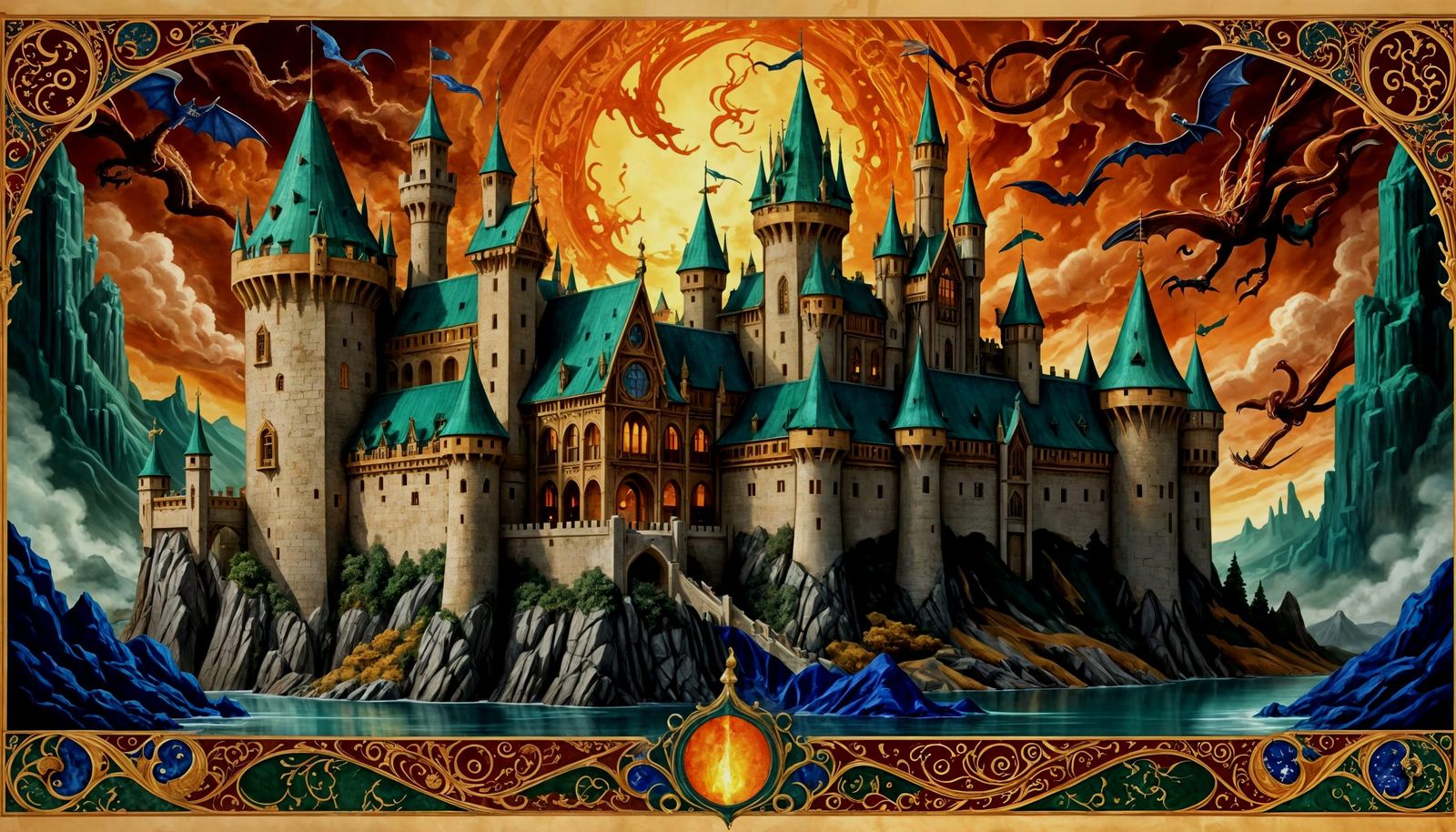Ornate Dragon Lair in Illuminated Manuscript Style