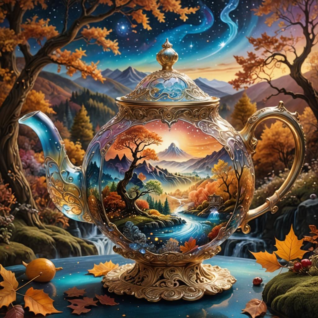 Autumn Landscape Pours from Crystal Teapot