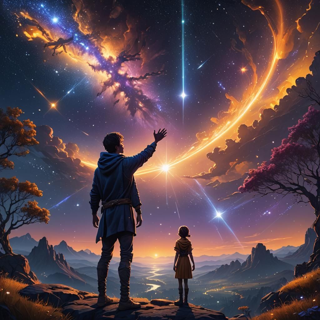 Celestial Figure Reaching for Glowing Stars: Fantasy Art