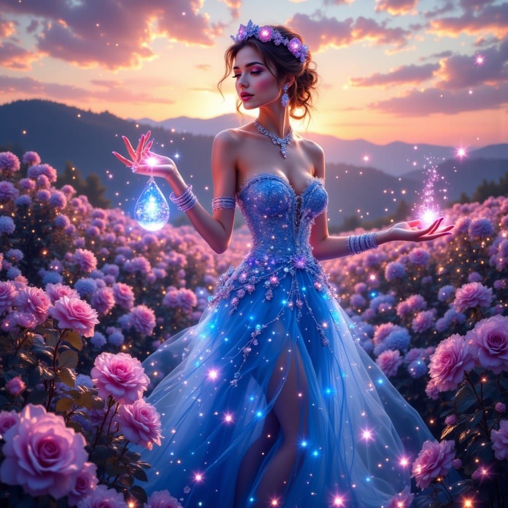 Enchantress Casting Spell in Rose Field, Romantic Style