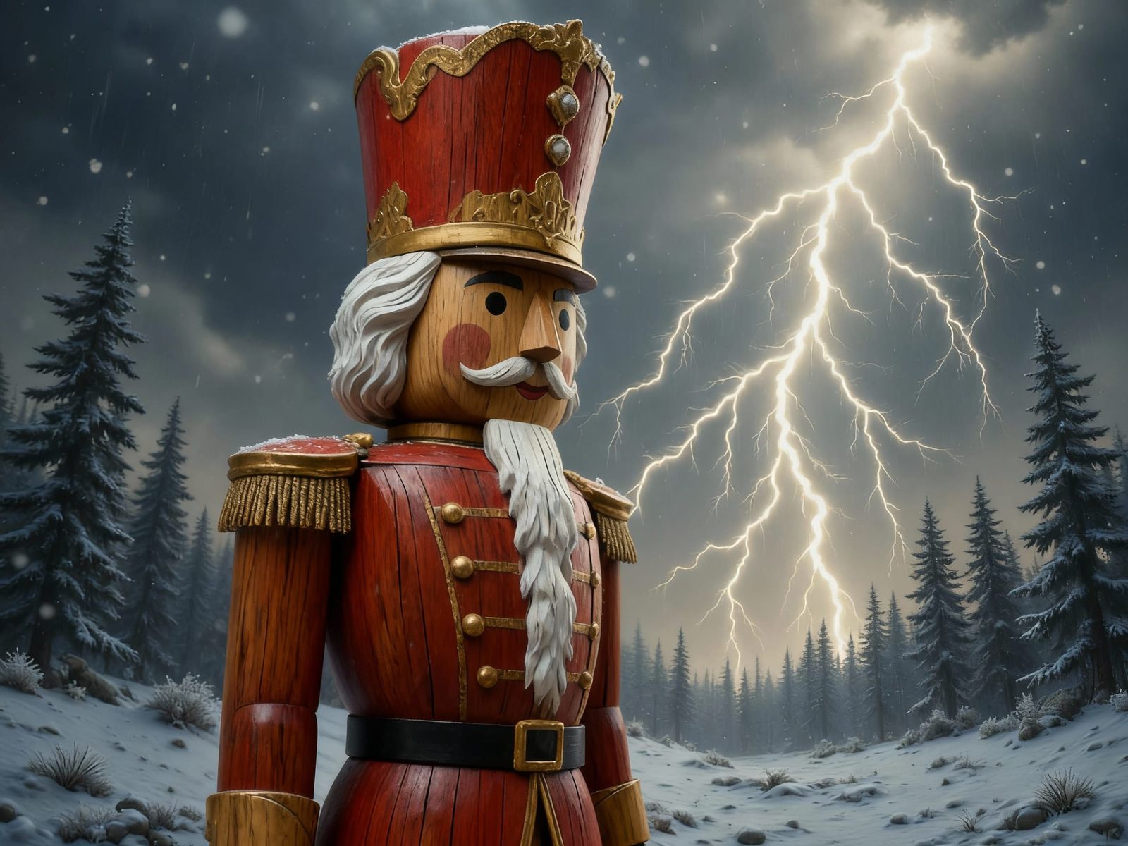 Giant Christmas Nutcracker in Winter Thunderstorm