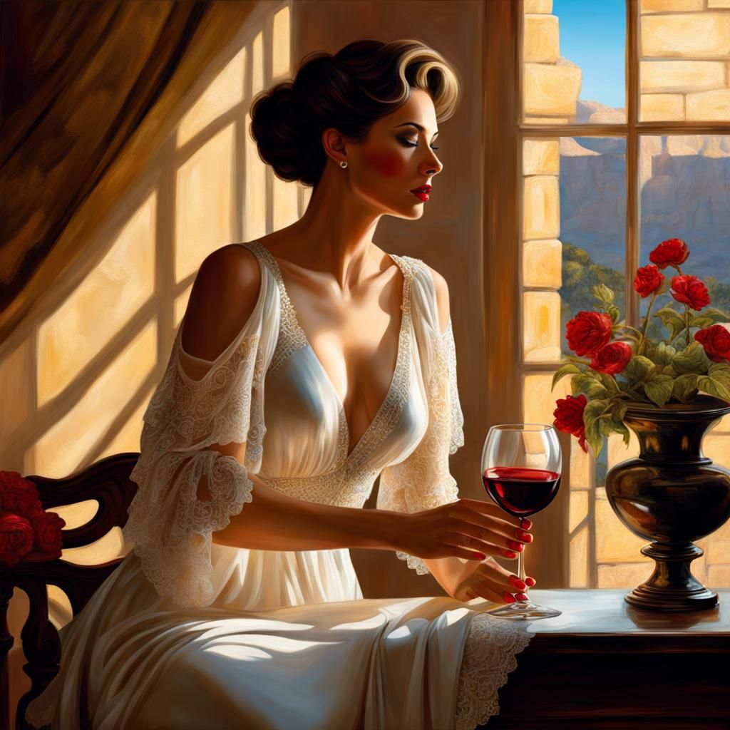Dramatic light , A very beautiful woman , bottle  of wine , ultra detailed summer   room , show all head, perfect hands ...