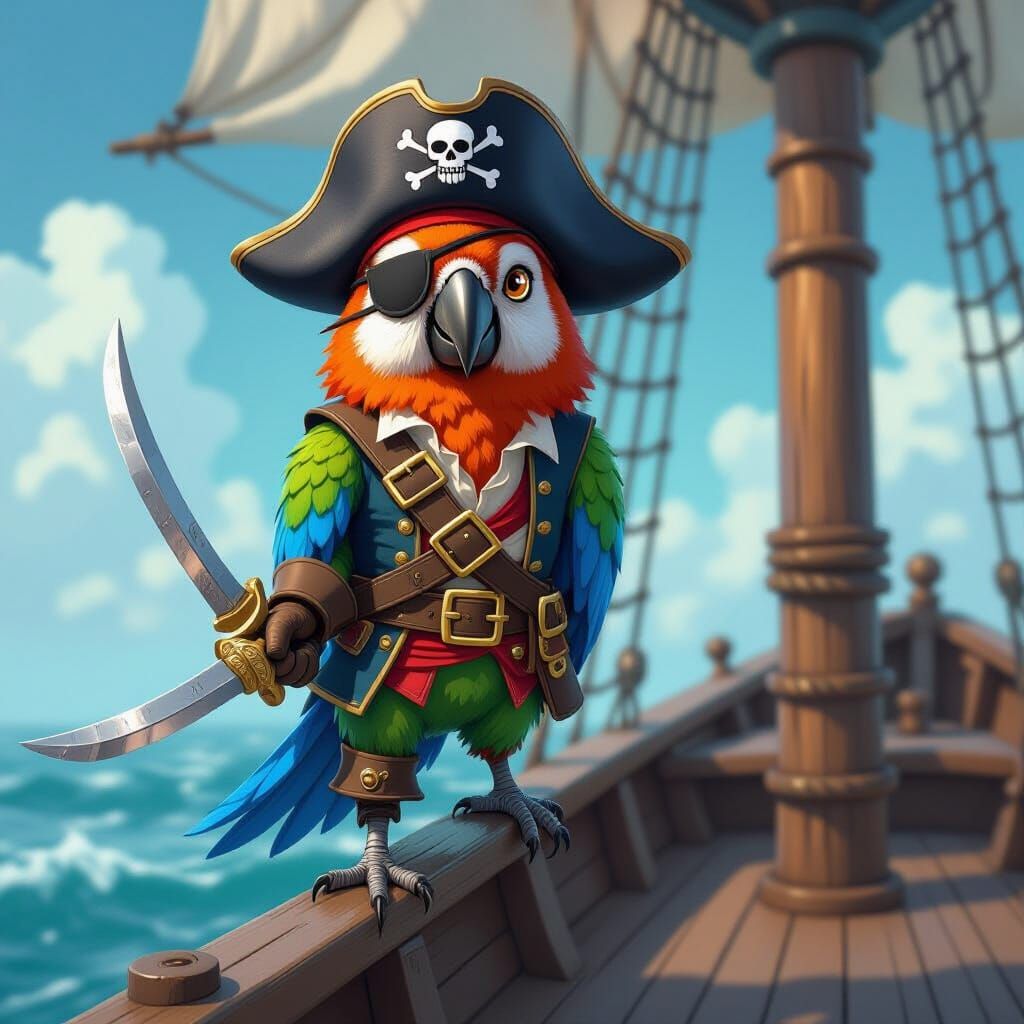 Parrot Pirate on Ship in Expressive Comic Art Style